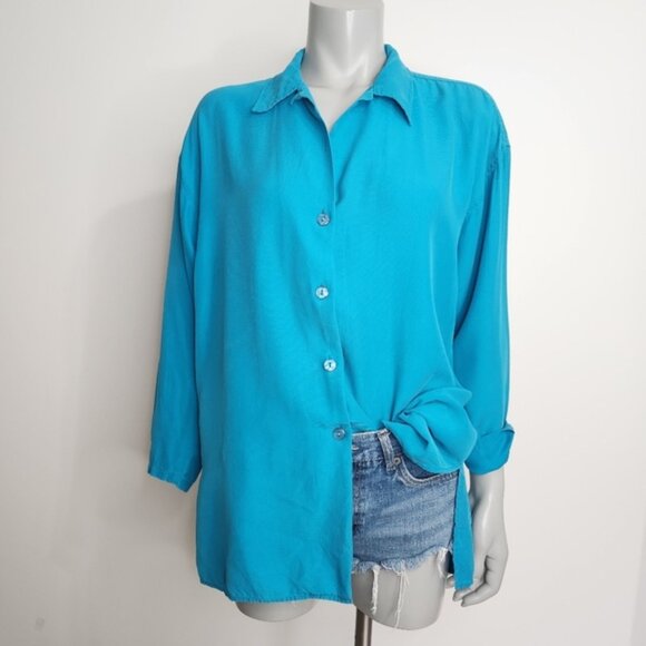 Vintage Expozay Blue Silk Button Down Shirt Size M - Picture 11 of 12